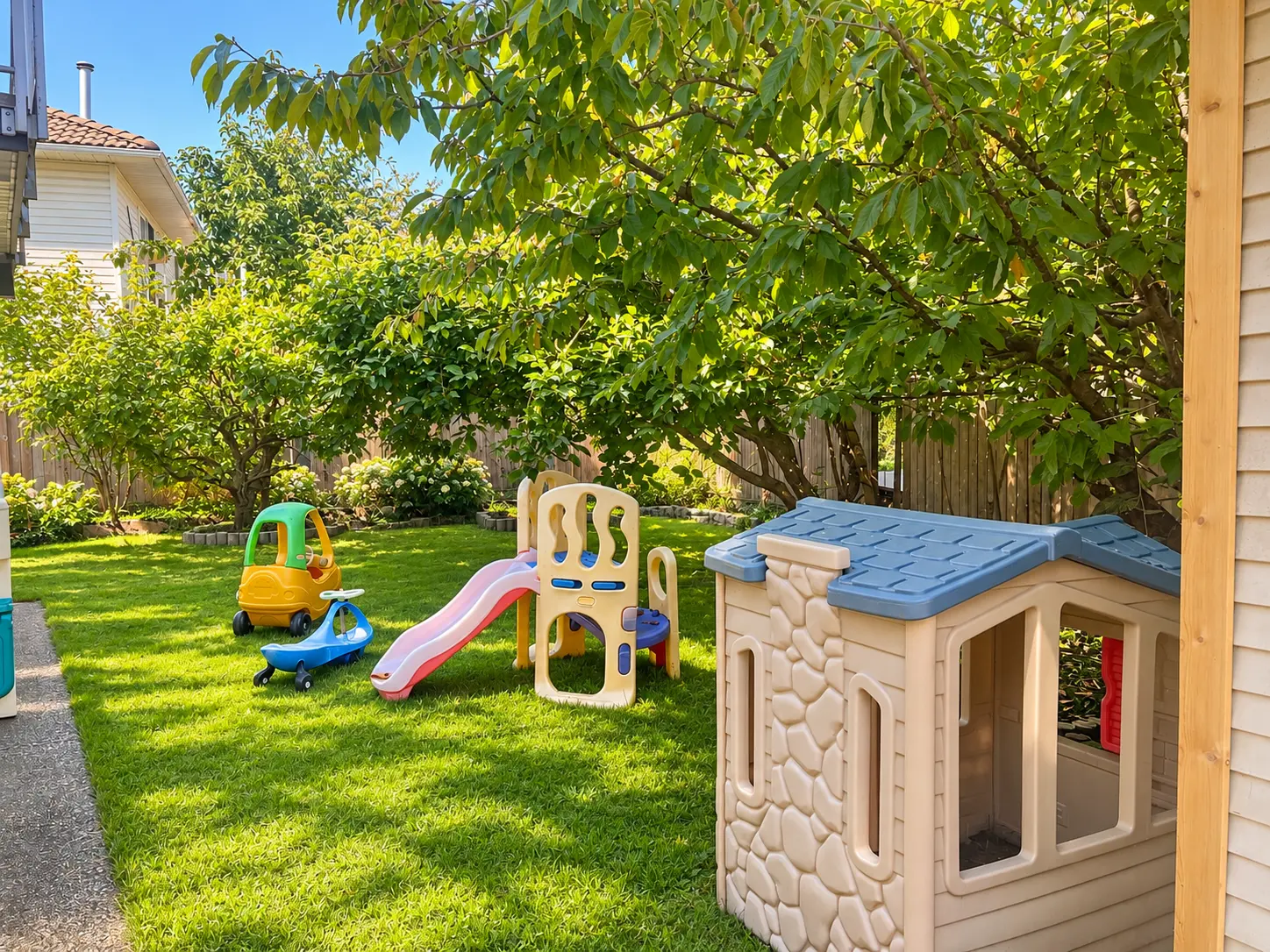 Fenced backyard play area with a slide, playhouse and ride-on toys on a sunny lawn