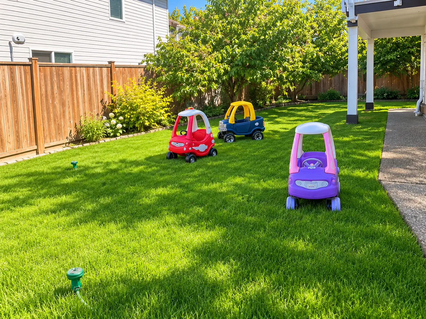 Sunny fenced backyard lawn with toddler ride-on cars for outdoor play