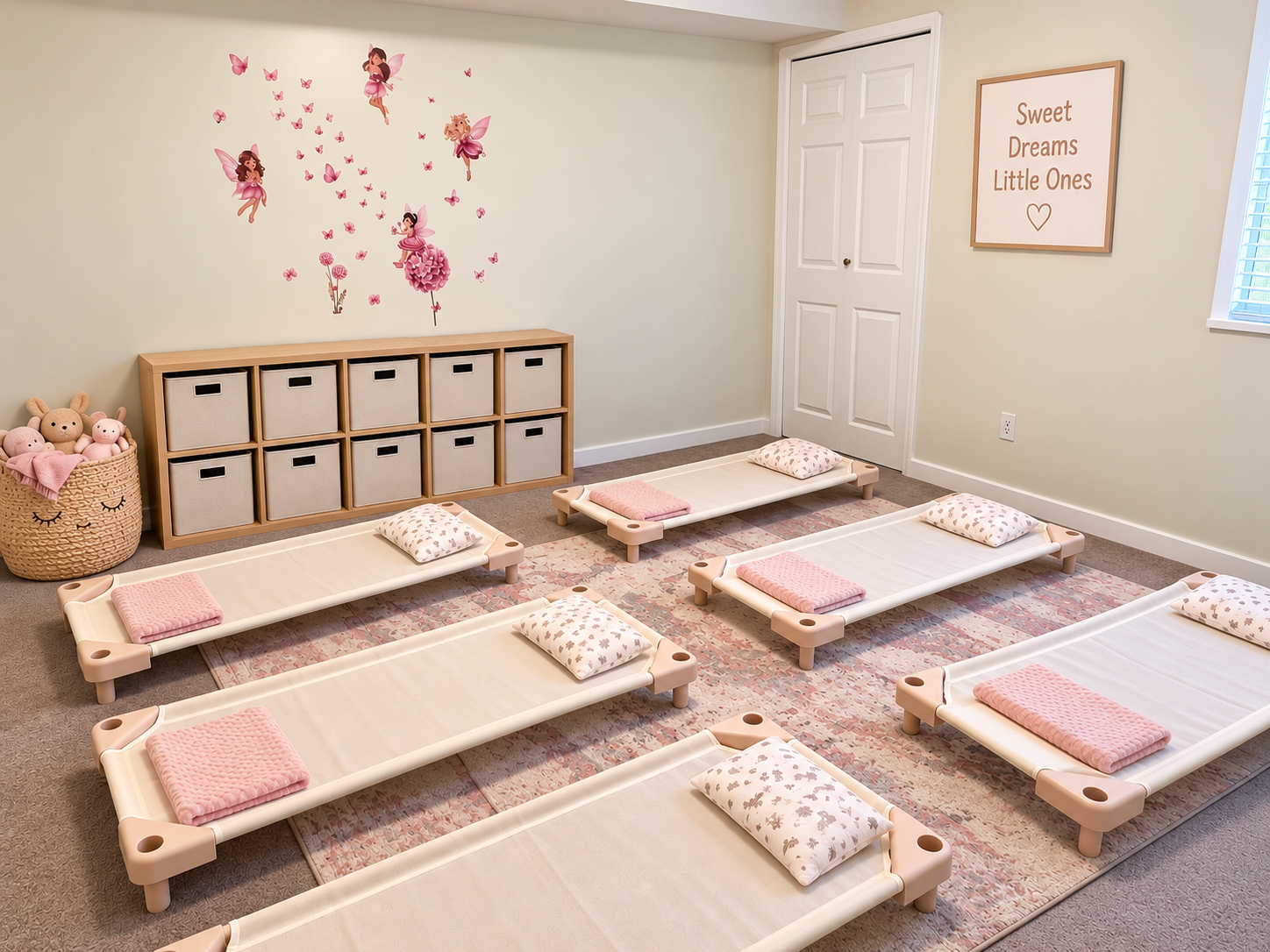 Calm nap room with individual toddler cots, soft blankets and storage bins