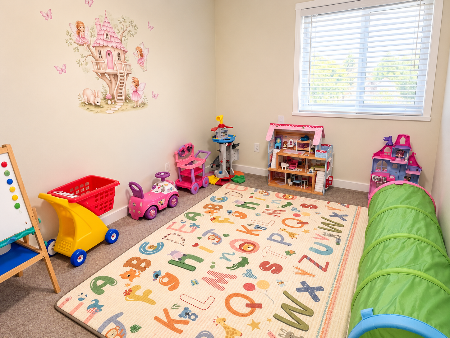 Play corner with an alphabet mat, ride-on toys, dollhouse and drawing easel